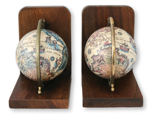 Midcentury Italian Globe Bookends with Brass Rings