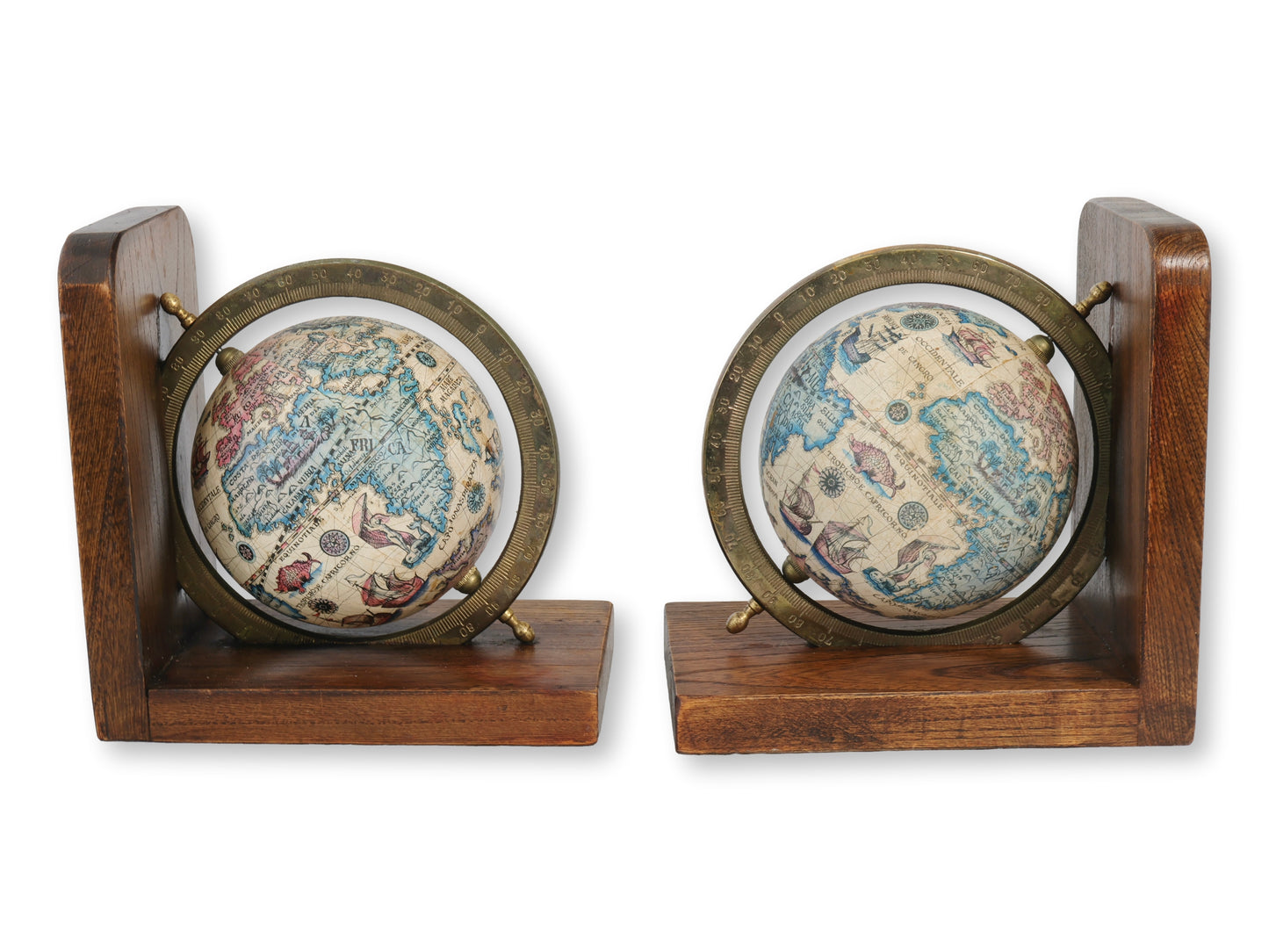 Midcentury Italian Globe Bookends with Brass Rings