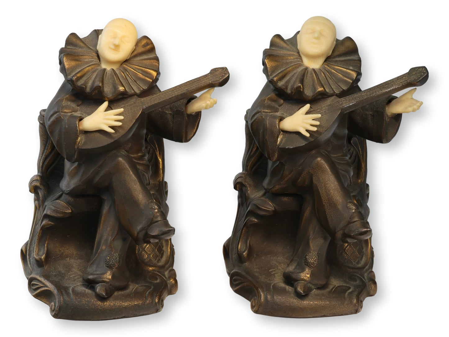 Pierrot Figural Bookends Spelter and Celluloid Pair