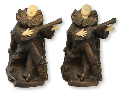 Pierrot Figural Bookends Spelter and Celluloid Pair