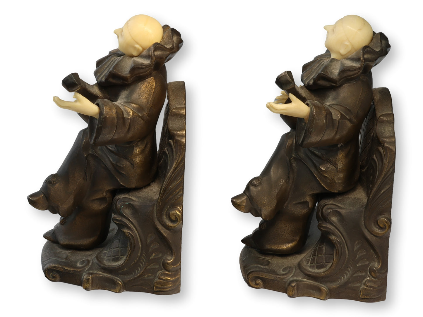 Pierrot Figural Bookends Spelter and Celluloid Pair