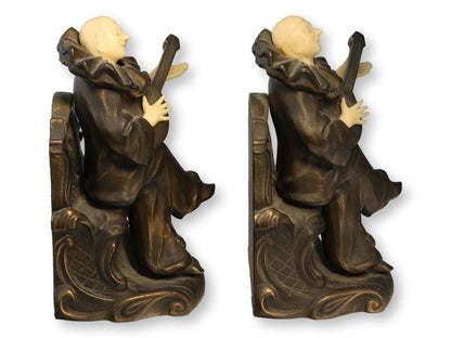 Pierrot Figural Bookends Spelter and Celluloid Pair