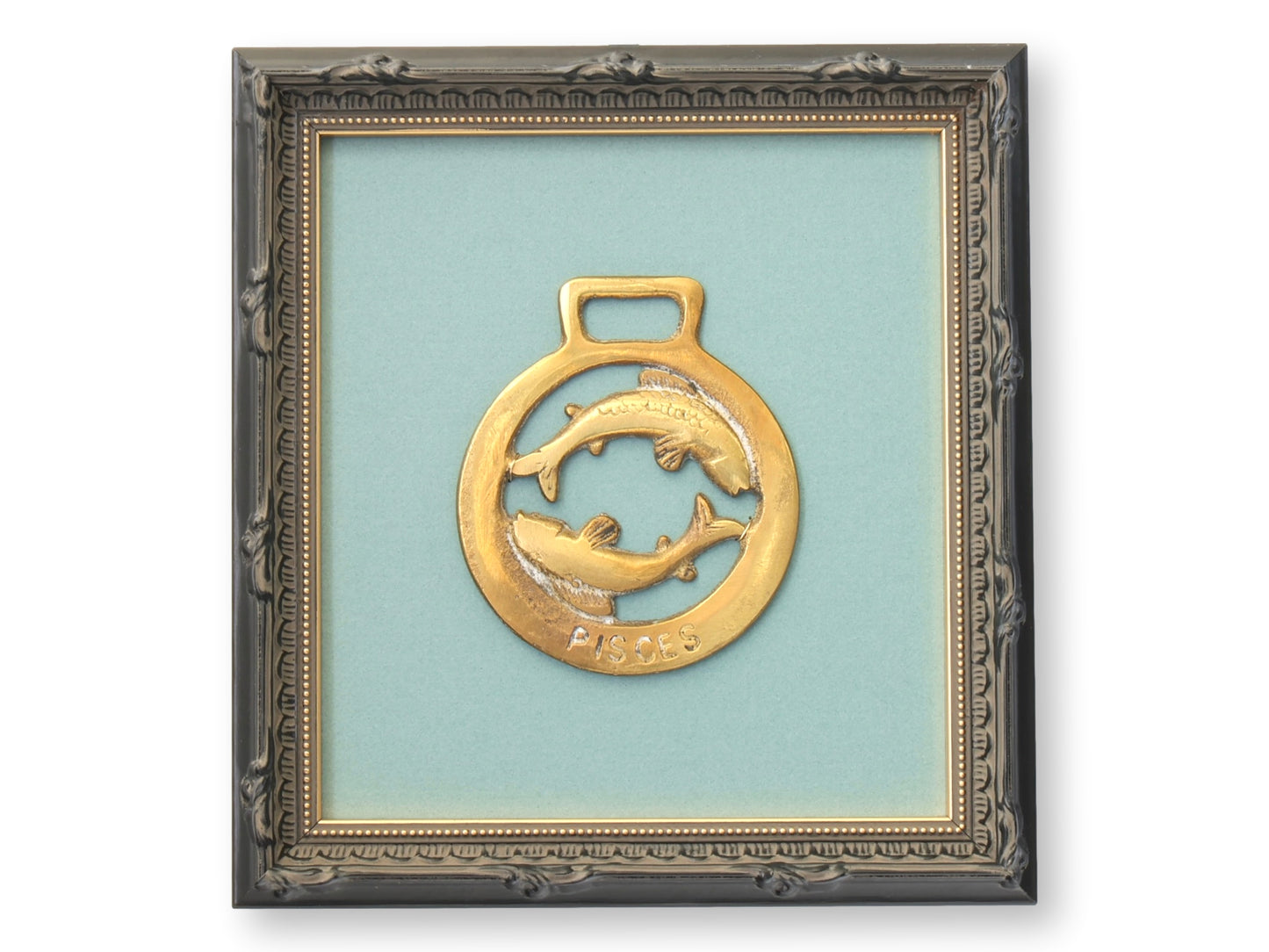 Framed Antique English Horse Brass – Pisces Zodiac Medallion