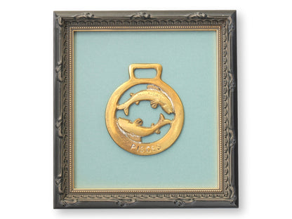 Framed Antique English Horse Brass – Pisces Zodiac Medallion