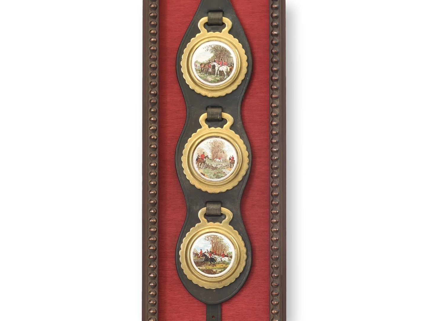Framed Antique English Hunt Scene Horse Brass Strap