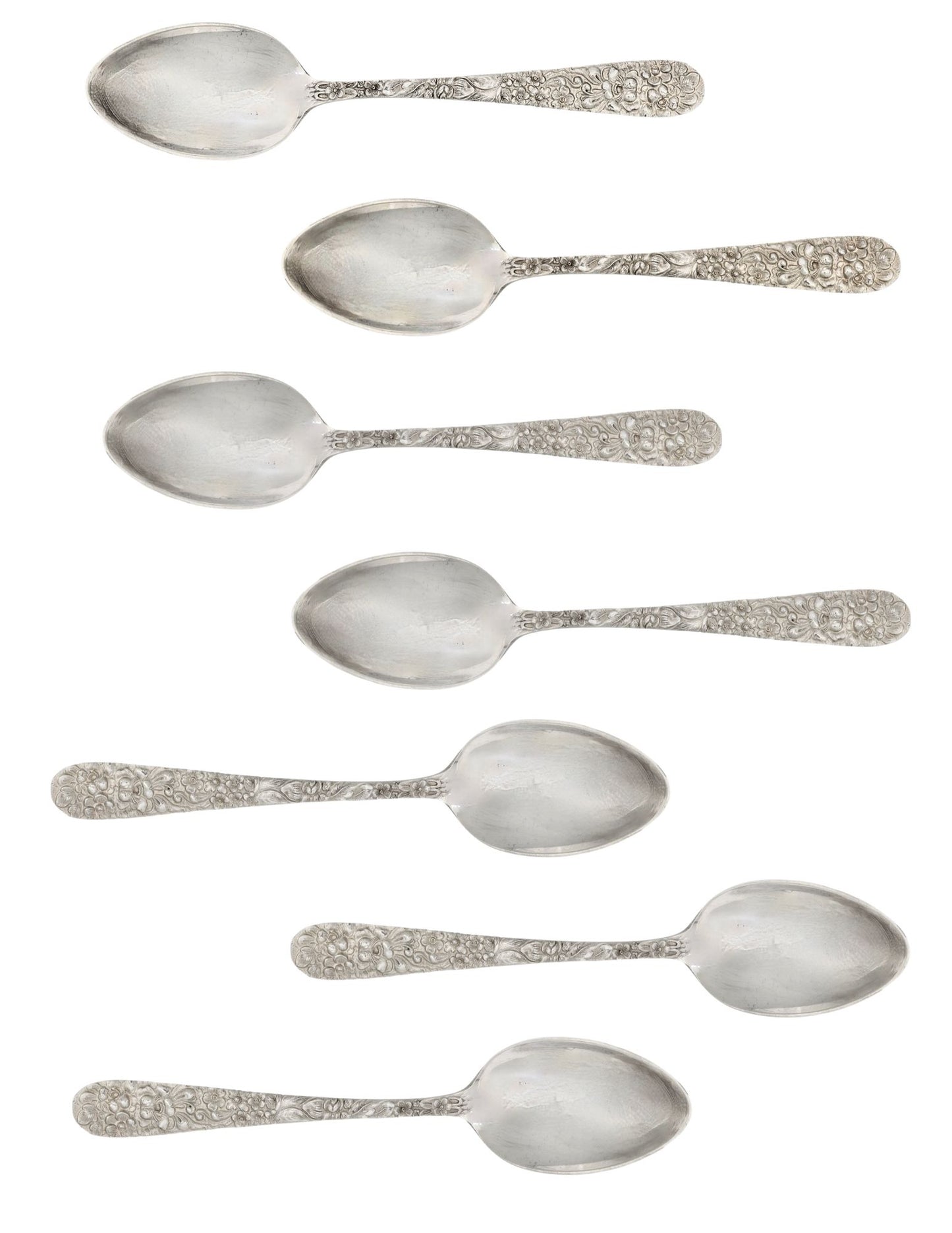 Kirk Stieff Rose Pattern Sterling Silver Teaspoons, Set of 7