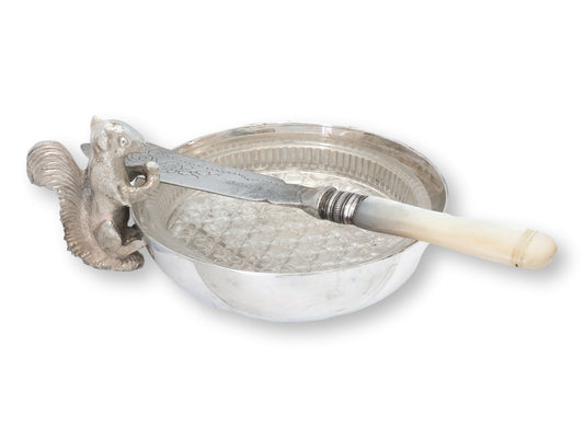 English Silver-Plate Squirrel Dish w/ Pearl Handled Butter Knife
