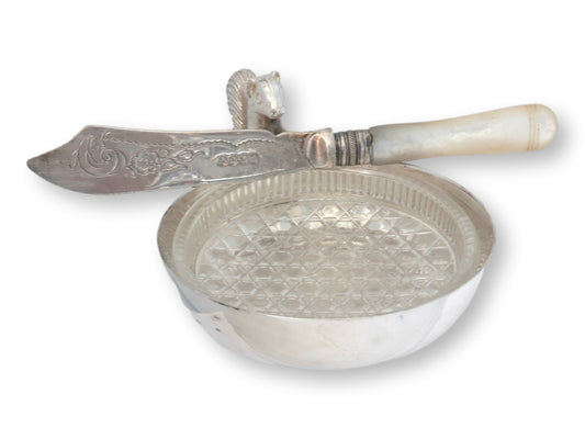 English Silver-Plate Squirrel Dish w/ Pearl Handled Butter Knife