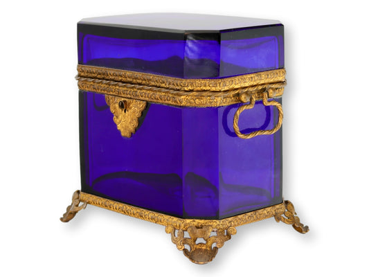 Antique French Cobalt Glass & Ormolu Jewelry Casket
