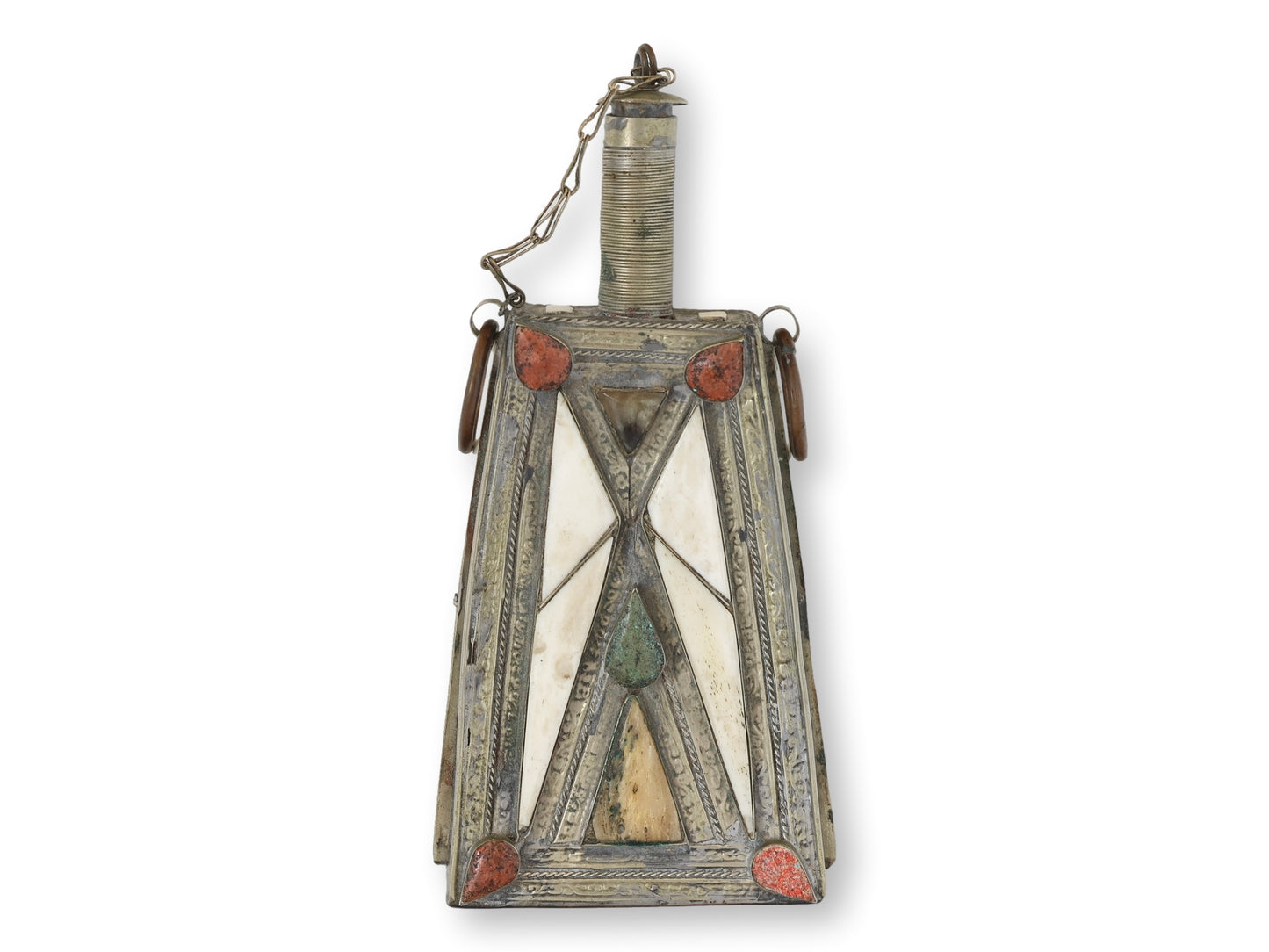 Antique Moroccan Berber Powder Flask with Stone Inlay
