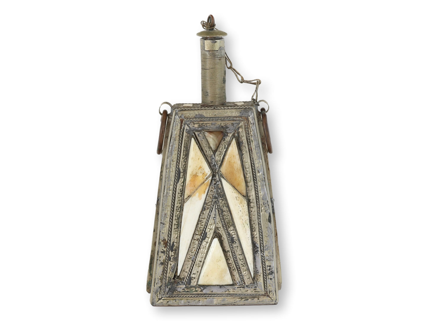 Antique Moroccan Berber Powder Flask with Stone Inlay