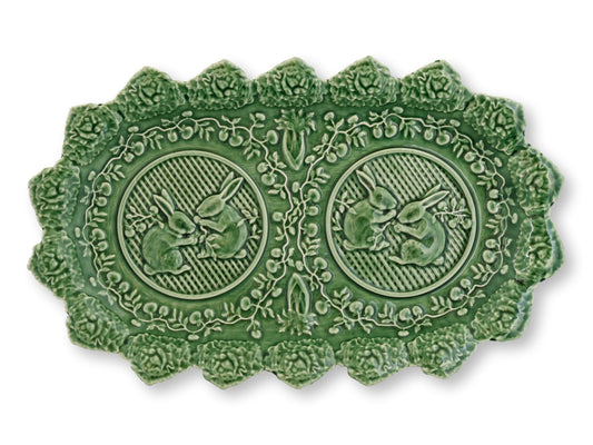 Bordallo Pinheiro Green Majolica Bunny Tray