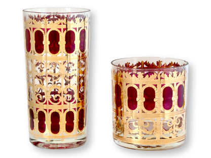 Midcentury Culver Cranberry & 22K Gold Cocktail Glasses - Set of 12