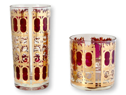 Midcentury Culver Cranberry & 22K Gold Cocktail Glasses - Set of 12