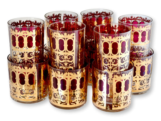 Midcentury Culver Cranberry & 22K Gold Cocktail Glasses - Set of 12