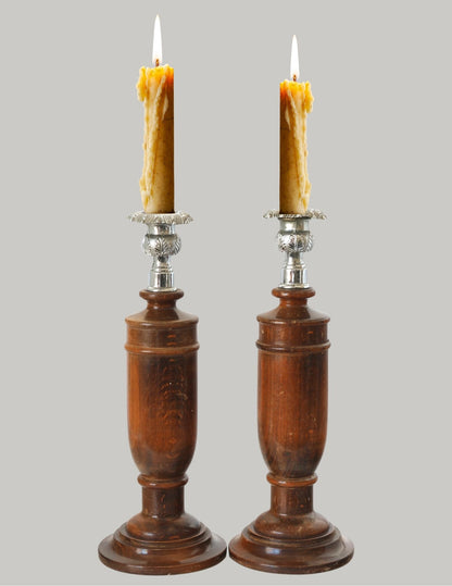 Antique Tiger Grain Oak Candlesticks w/ Fancy Tops