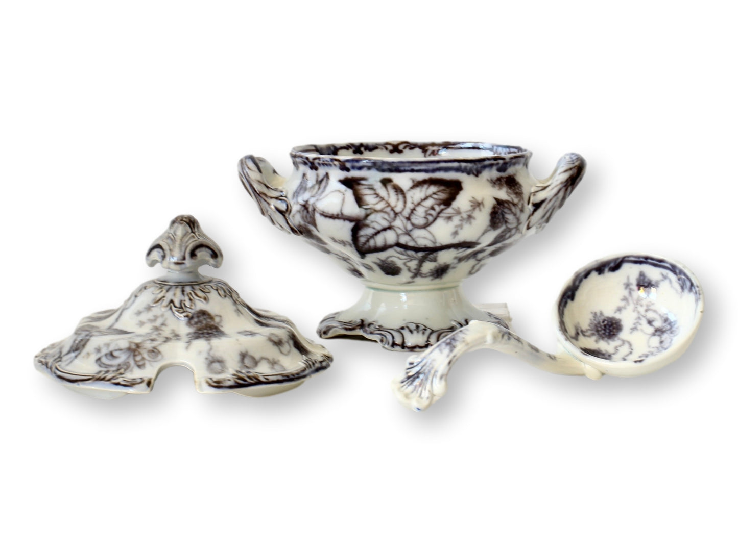 Antique Mulberry Ironstone Tureen w/Tray & Ladle