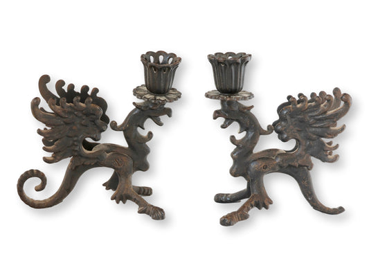Pair of Midcentury Cast Iron Dragon Candleholders