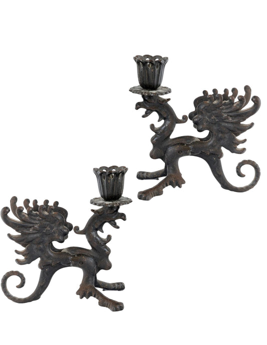 Pair of Midcentury Cast Iron Dragon Candleholders