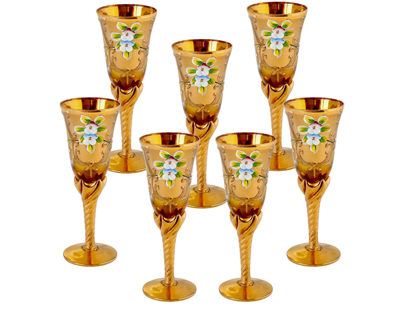 Italian Gilt and Hand Painted Wine Glasses, Set of 7