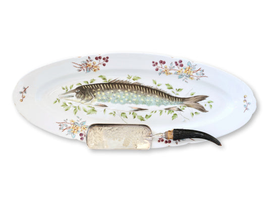 Early 1900s French Limoges Fish Platter with Stag Horn Handle Server
