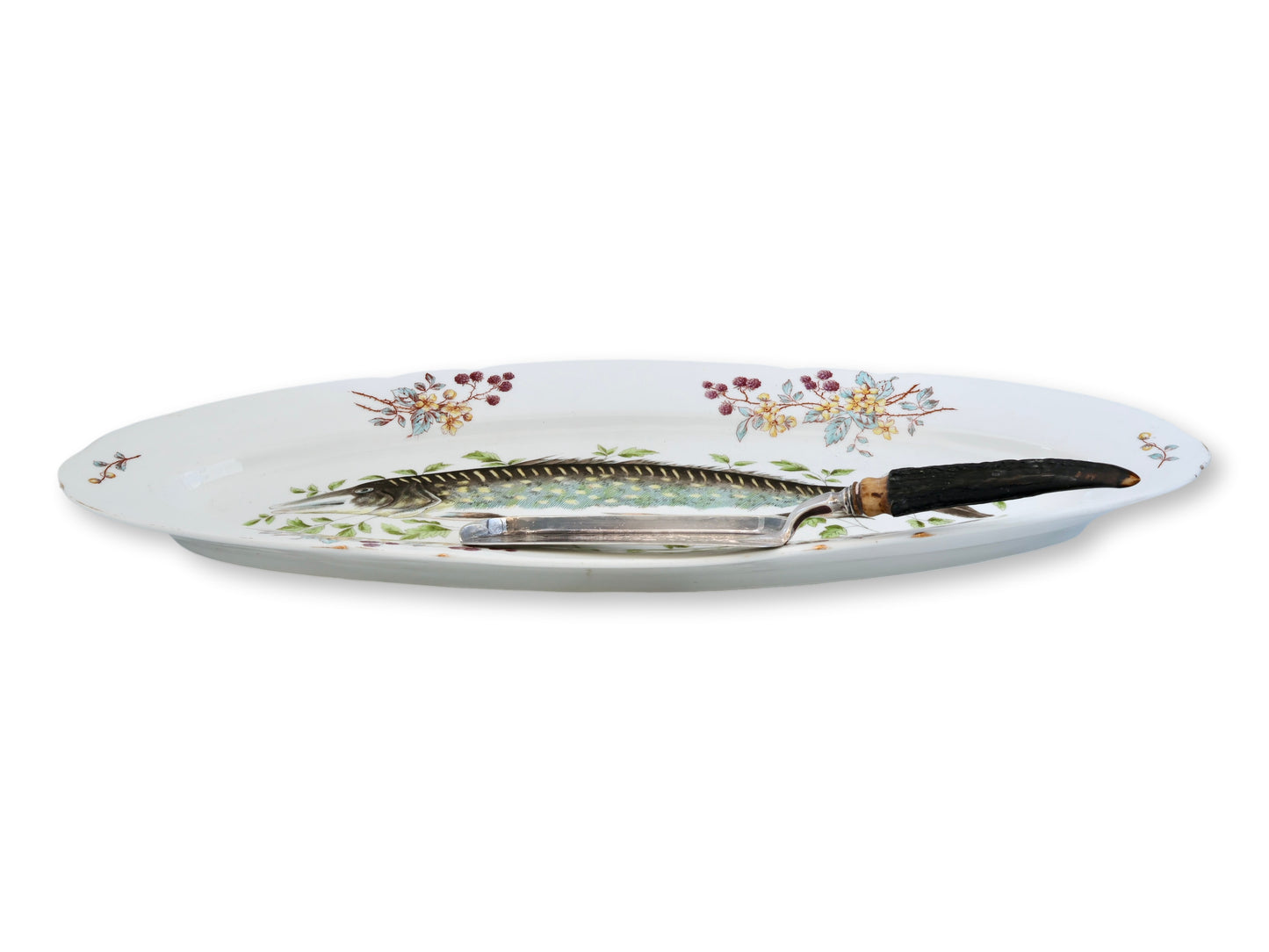 Early 1900s French Limoges Fish Platter with Stag Horn Handle Server