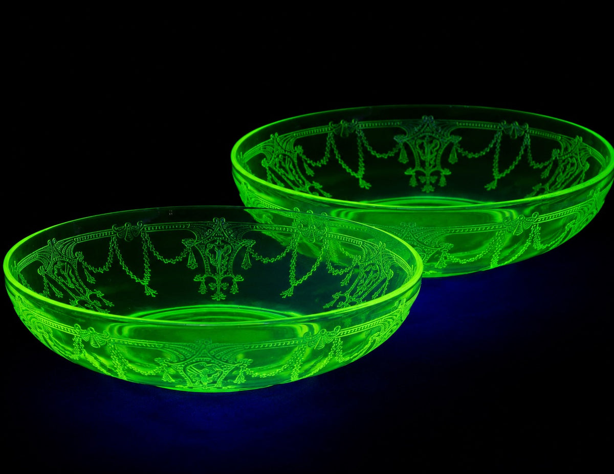 1930s Anchor Hocking Cameo Green Depression Glass Fruit Bowls, Pair