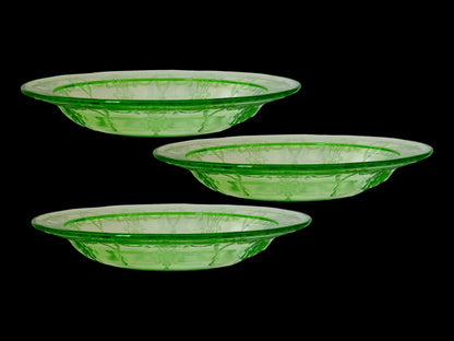 1930s Anchor Hocking "Cameo Green Uranium" Glass Soup Bowls, S/3