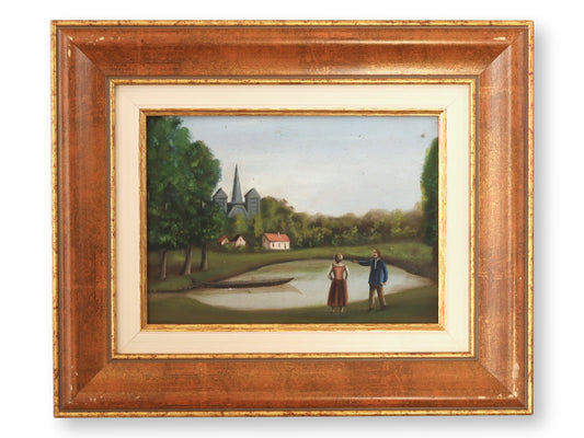 Antique French Village Lakeside Scene