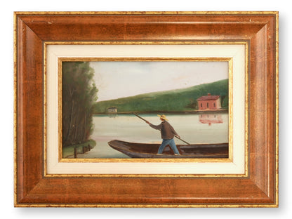 Antique French Oil Painting of Fisherman on Still Waters