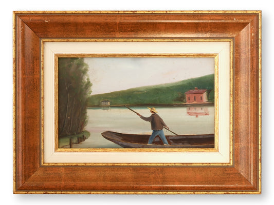 Antique French Oil Painting of Fisherman on Still Waters