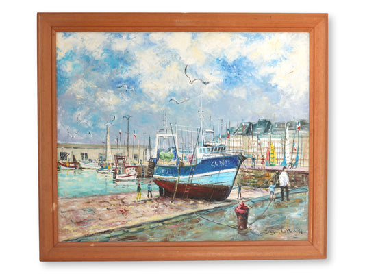 Vivid Normandy Harbor Scene Oil Painting, Signed