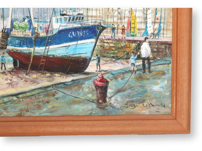 Vivid Normandy Harbor Scene Oil Painting, Signed