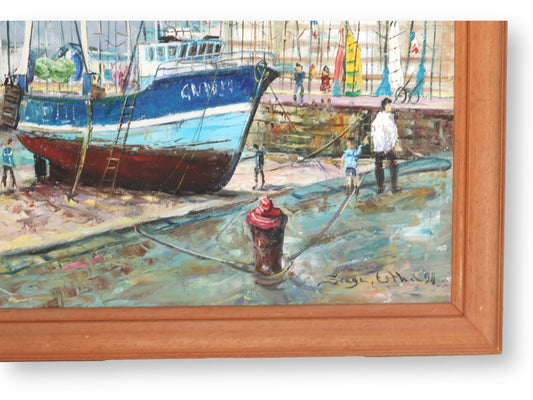 Vivid Normandy Harbor Scene Oil Painting, Signed