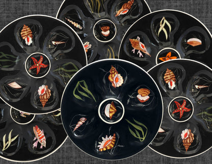 Quimper Guy Trévoux Black Oyster Plates, Set of 6