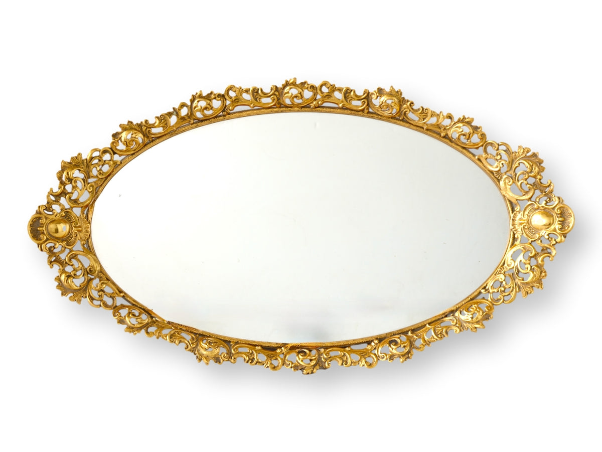 Heavy Midcentury Gold Filagree Vanity Mirror