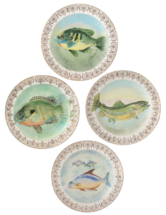 Vintage Transferware Fish Plates w/22K Gold - Set of 4