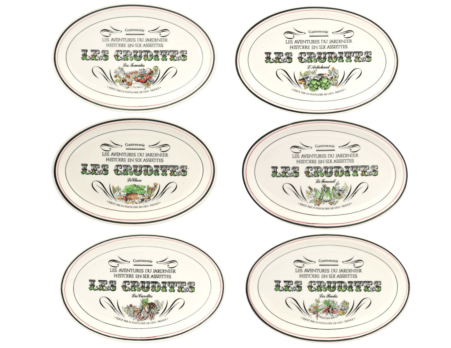 French Gien 'Les Crudites' Faience Plates, Set of 6