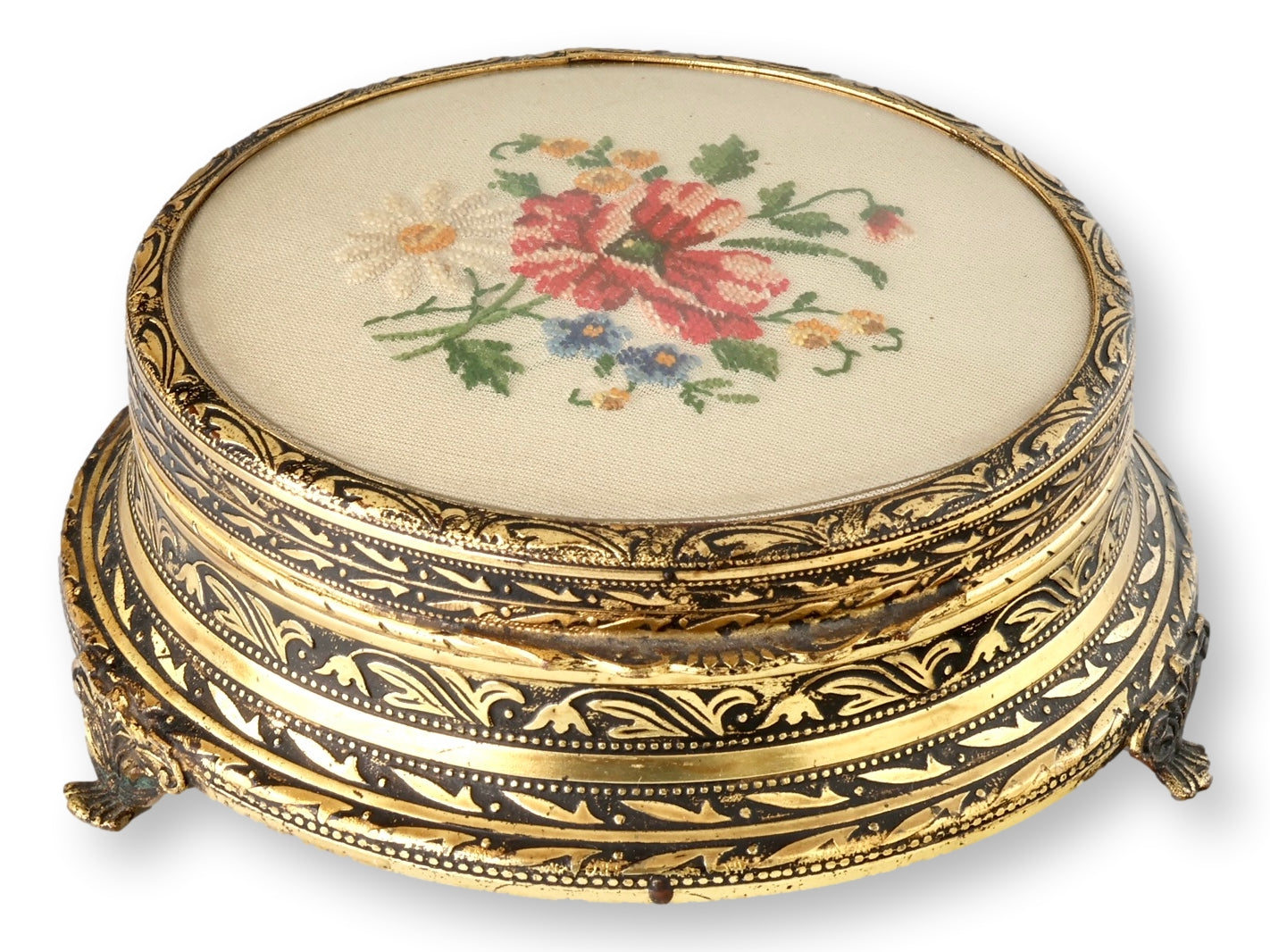 English Petit Point Vanity Powder Box with Mirror