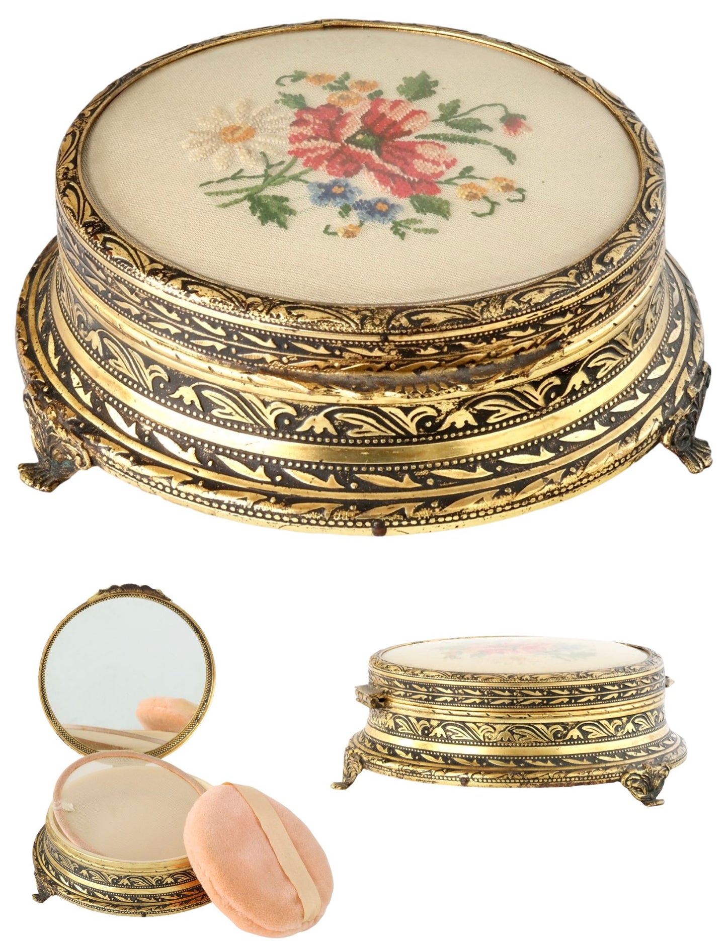 English Petit Point Vanity Powder Box with Mirror