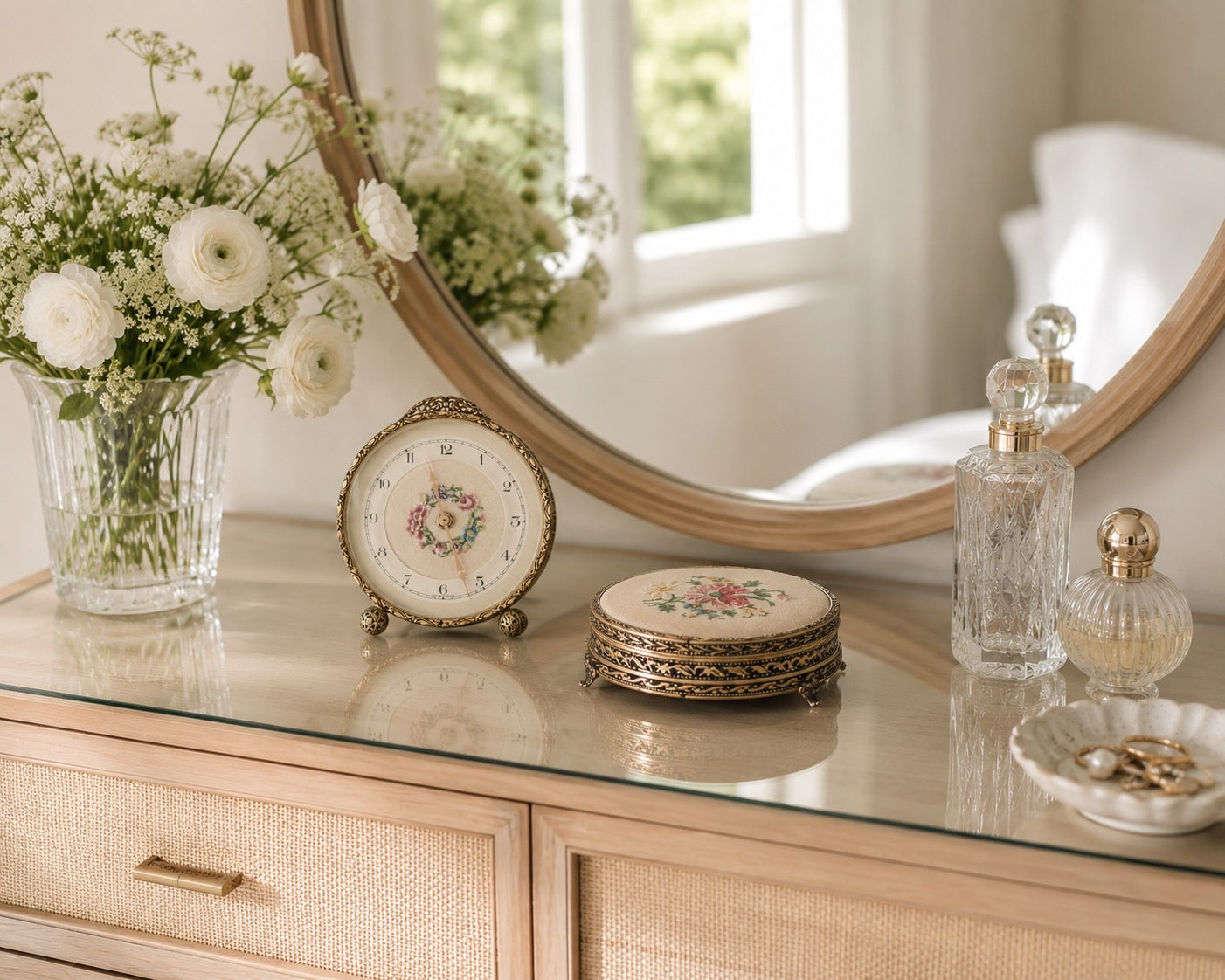 English Petit Point Vanity Powder Box with Mirror