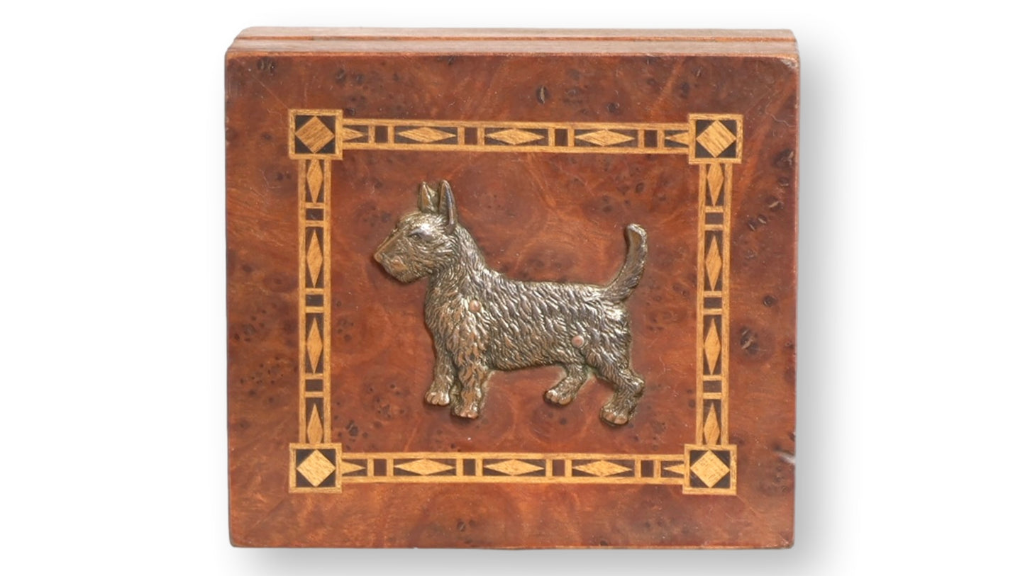 1920s Art Deco English Scotty Dog Inlaid Wood Trinket Box