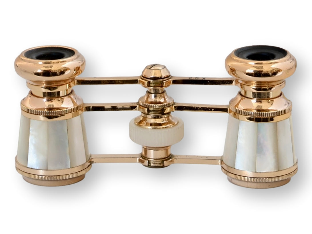 Midcentury Pearl and Brass Opera Glasses with Case