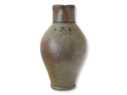 Large Antique French Glazed Terracotta Jug with Blue Markings