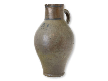 Large Antique French Glazed Terracotta Jug with Blue Markings