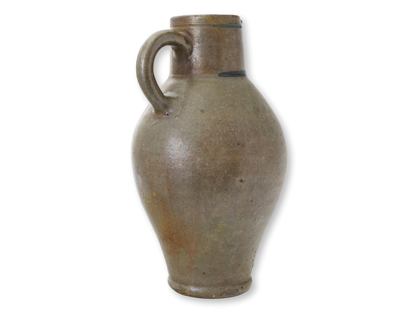 Large Antique French Glazed Terracotta Jug with Blue Markings
