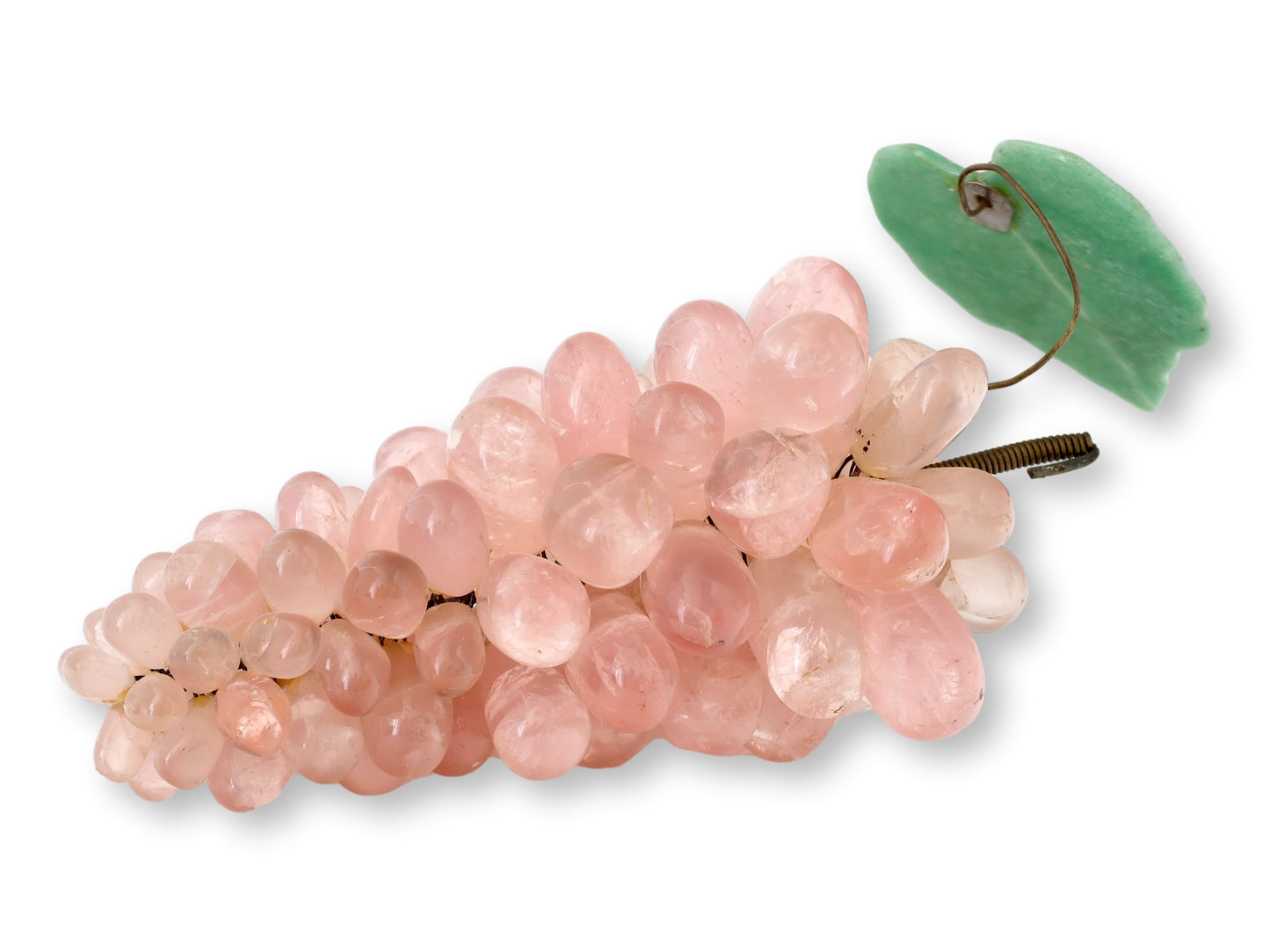 Large Italian Rose Quartz Grape Cluster with Jade Leaf