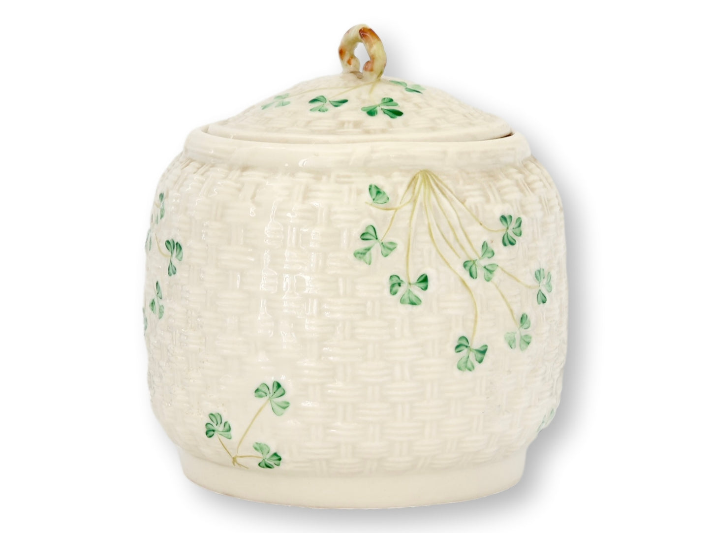 Irish Belleek Shamrock Biscuit Barrel