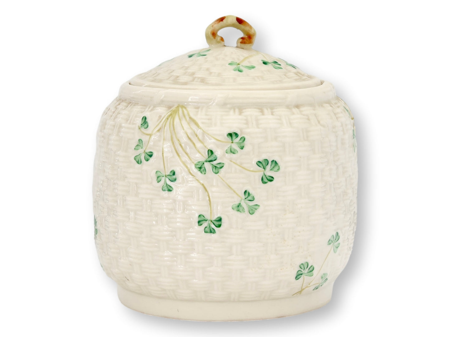 Irish Belleek Shamrock Biscuit Barrel