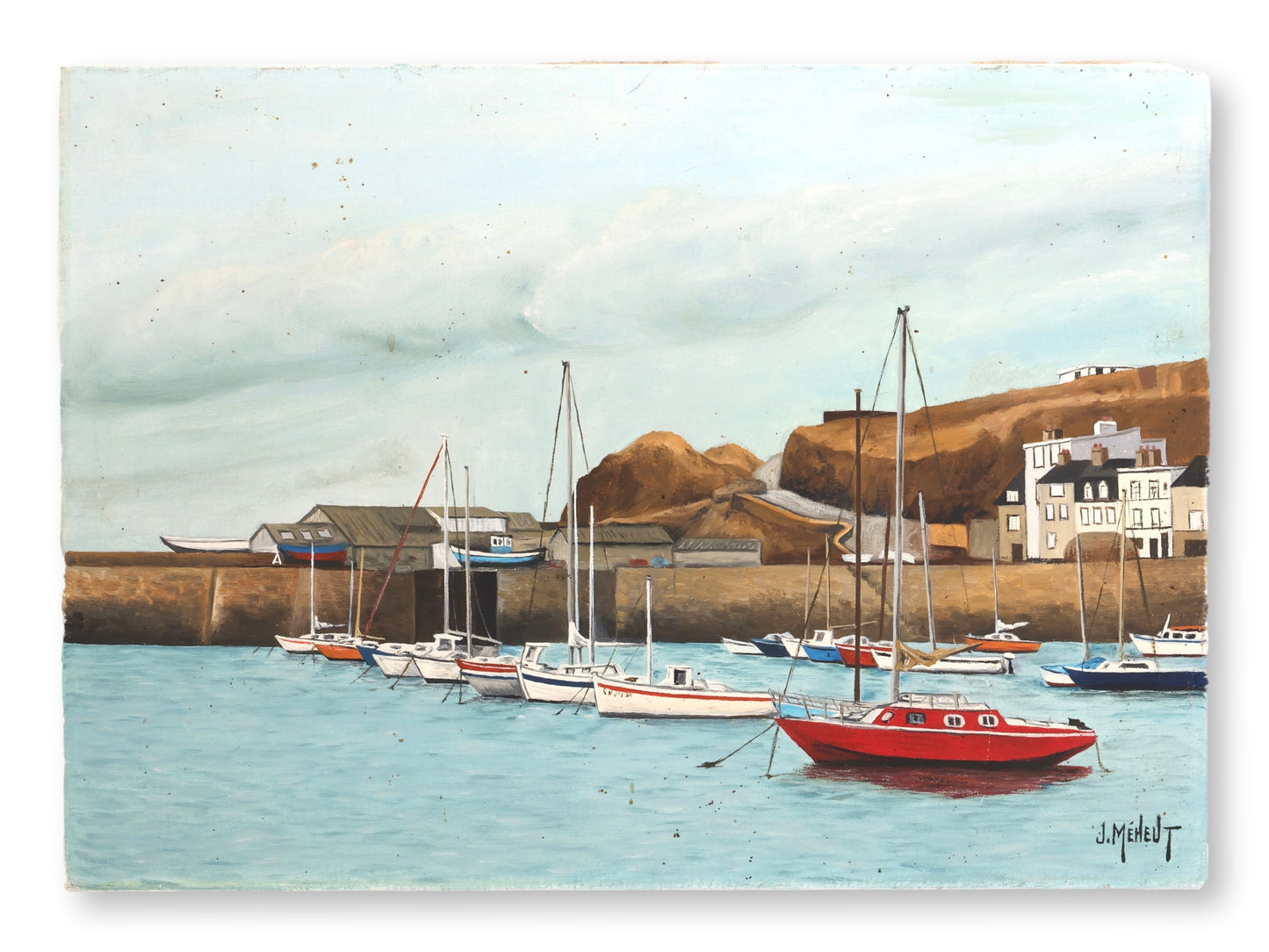Antique French Harbor Scene Oil on Canvas